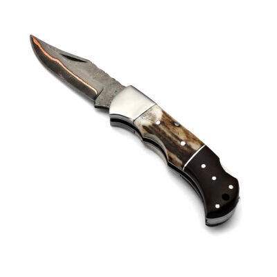 GK-023 Damascus Pocket Knife with Coupler Inlay & Stag/Wood Handle