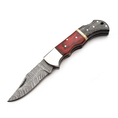 GK-025A Pocket Knife, Damascus Blade, Pekka Wood Grey/Red