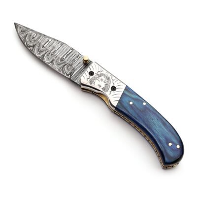 GK-039 Damascus Pocket Knife Blue Micarta Handle