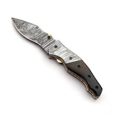 GK-040 Damascus Pocket Knife Blue Micarta Handle