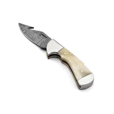 GK-046 Pocket Knife Damascuss Blade, Camel Bone Handle