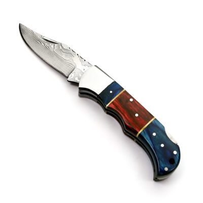 GK-047 Pocket Knife Stainless Steel Damascus, Pekka wood Blue/Red