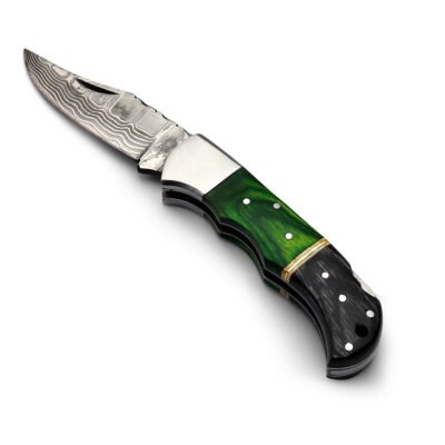 GK-047A Pocket Knife Stainless Steel Damascus, Pekka wood Grey/Green
