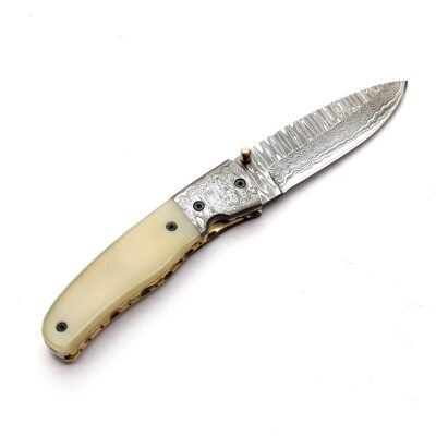 QAS-008 Damascuss Pocket Knife with Camel Bone Handle